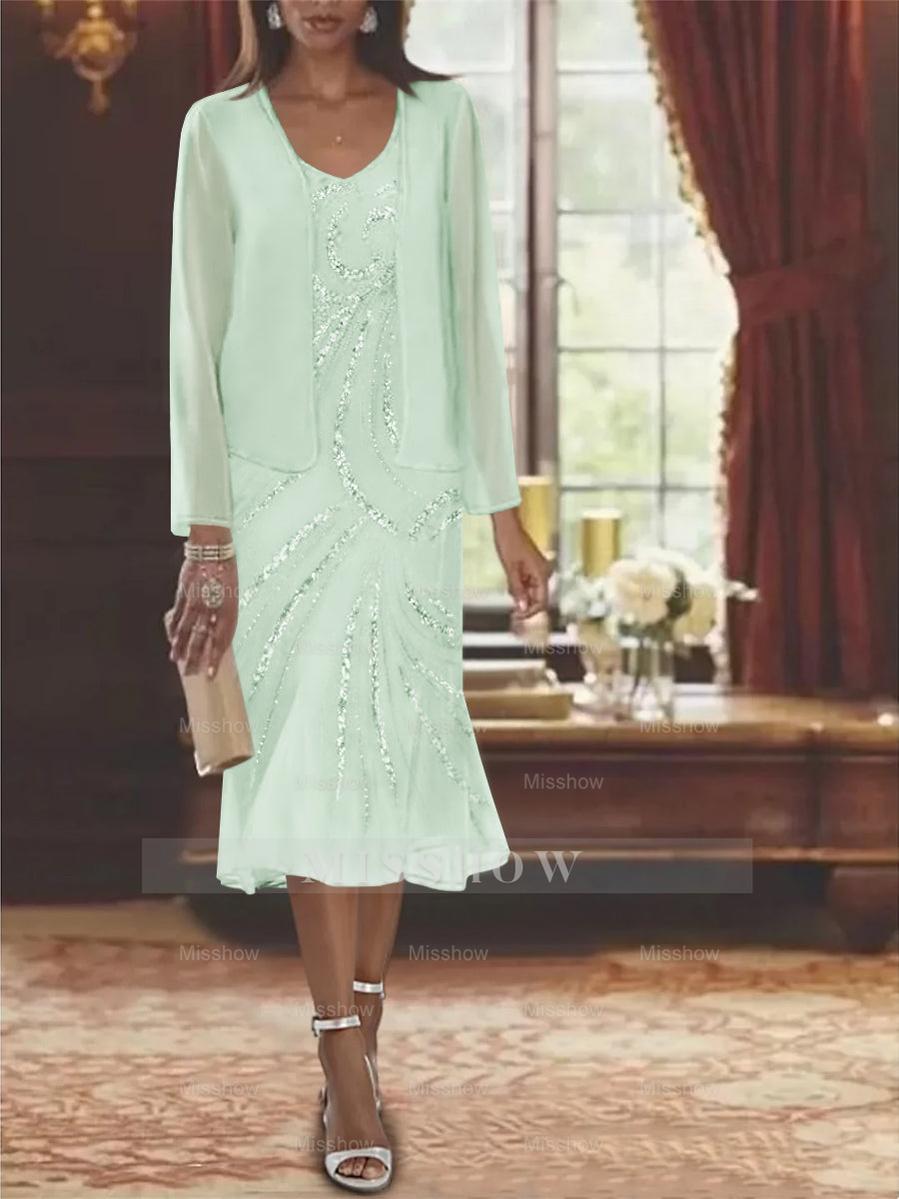 2-Piece V-Neck Chiffon Mother of the Bride Dress Set with Knee-Length Jacket and Sequins
