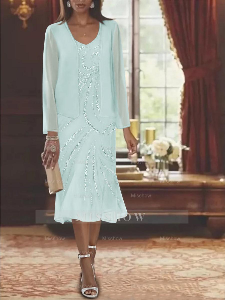 2-Piece V-Neck Chiffon Mother of the Bride Dress Set with Knee-Length Jacket and Sequins
