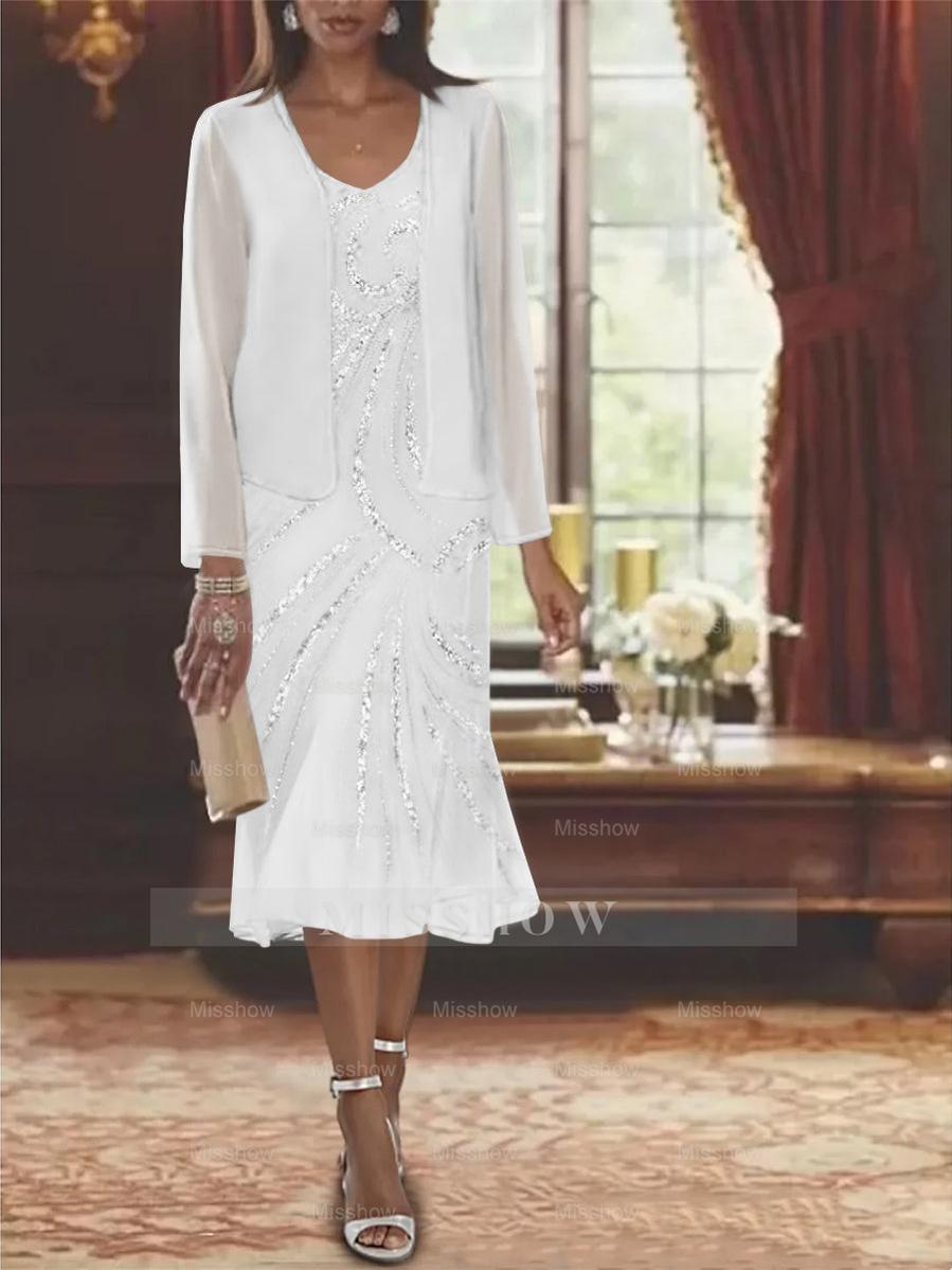 2-Piece V-Neck Chiffon Mother of the Bride Dress Set with Knee-Length Jacket and Sequins
