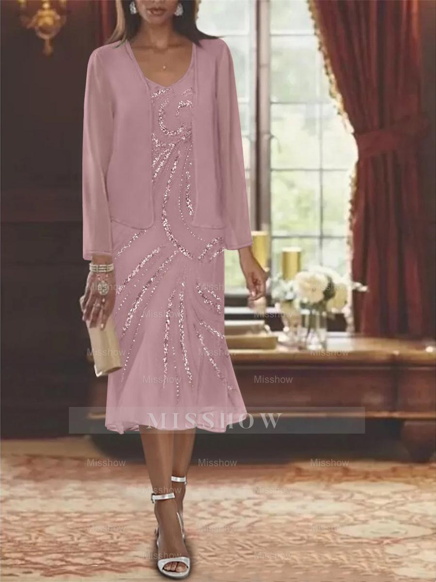 2-Piece V-Neck Chiffon Mother of the Bride Dress Set with Knee-Length Jacket and Sequins