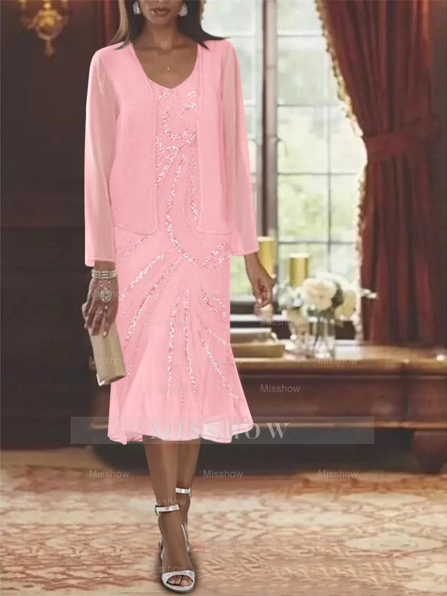 2-Piece V-Neck Chiffon Mother of the Bride Dress Set with Knee-Length Jacket and Sequins