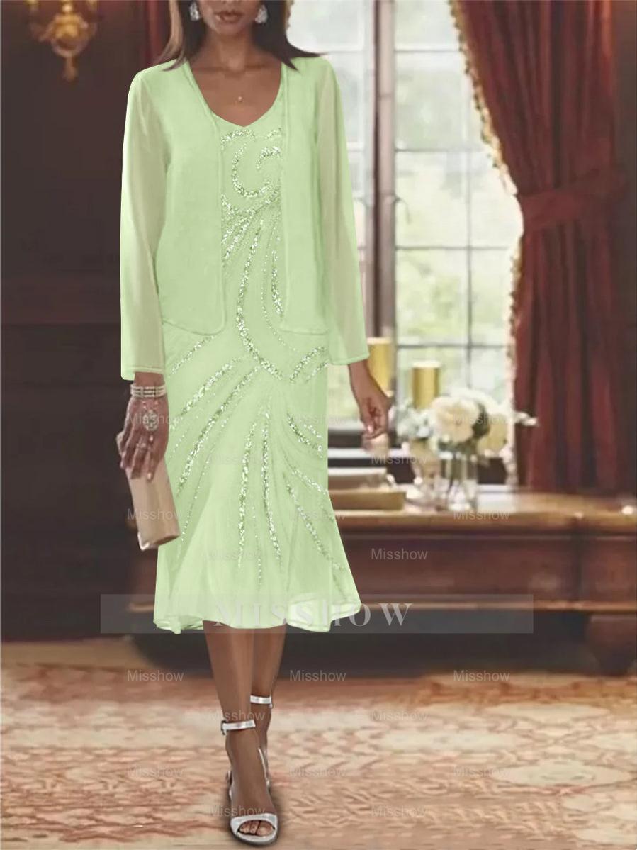 2-Piece V-Neck Chiffon Mother of the Bride Dress Set with Knee-Length Jacket and Sequins