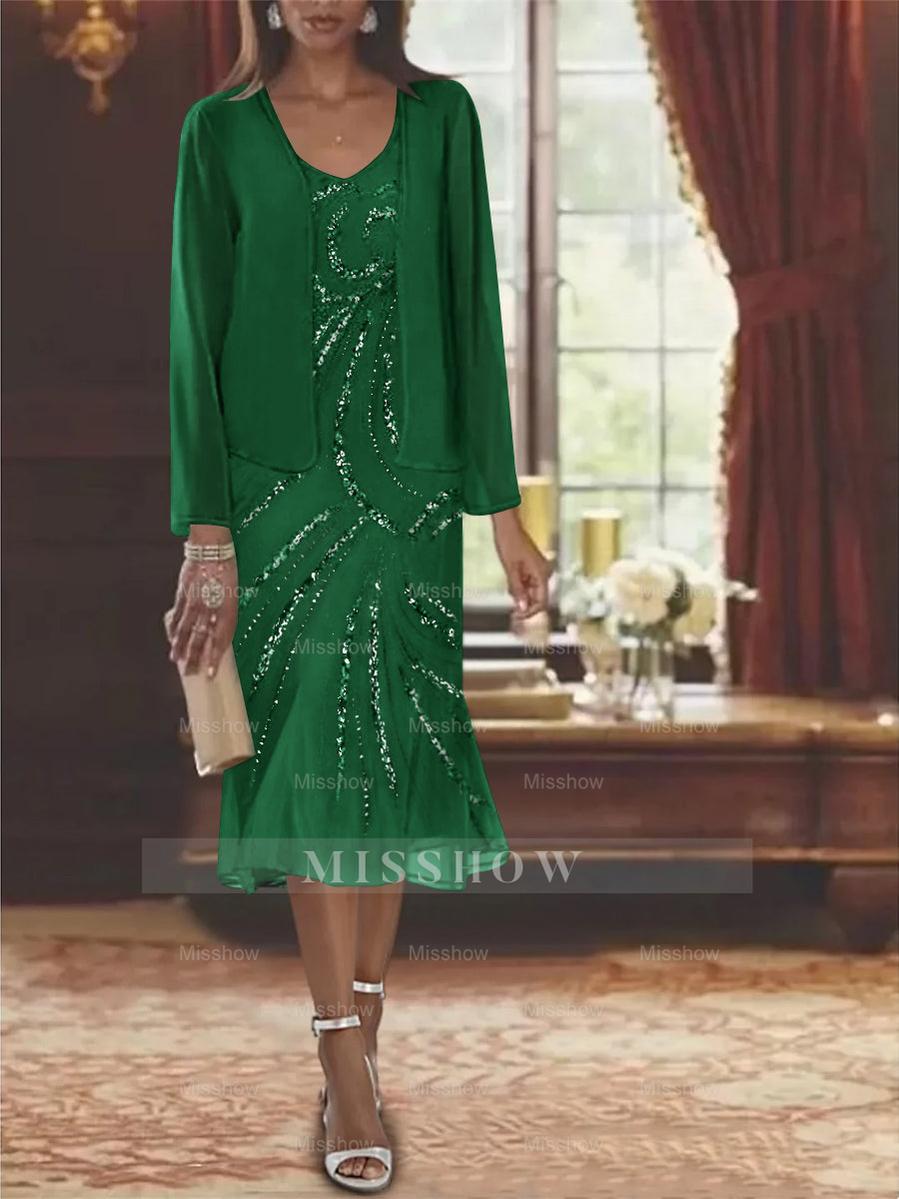 2-Piece V-Neck Chiffon Mother of the Bride Dress Set with Knee-Length Jacket and Sequins