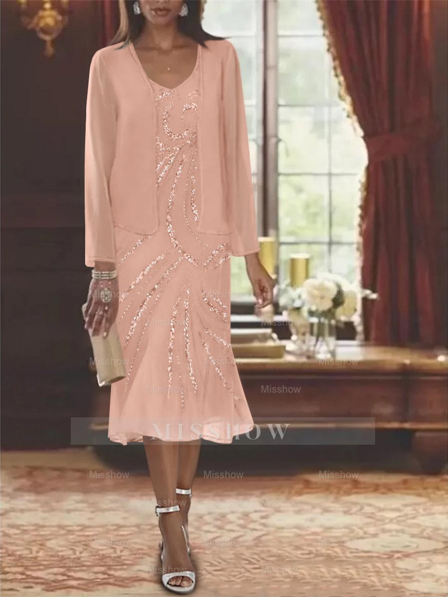 2-Piece V-Neck Chiffon Mother of the Bride Dress Set with Knee-Length Jacket and Sequins