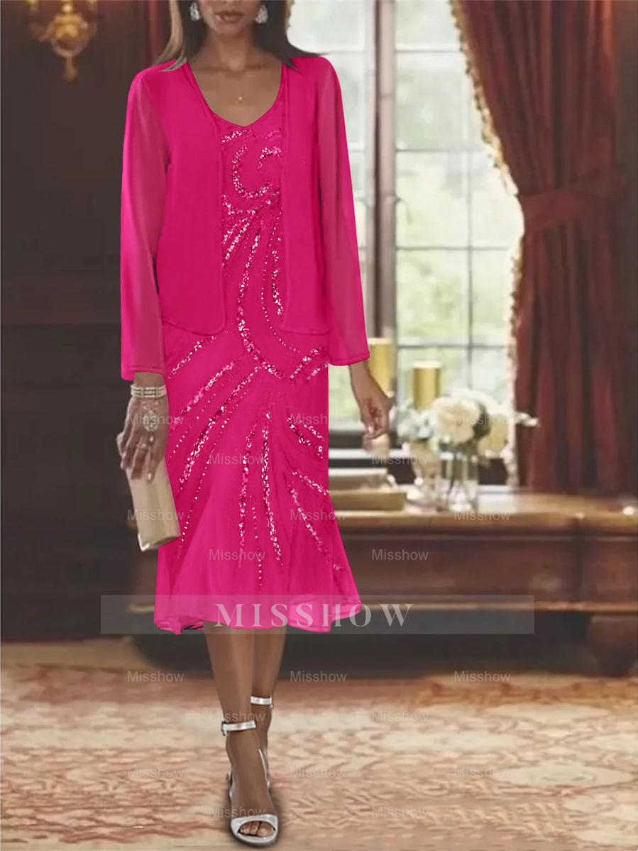 2-Piece V-Neck Chiffon Mother of the Bride Dress Set with Knee-Length Jacket and Sequins