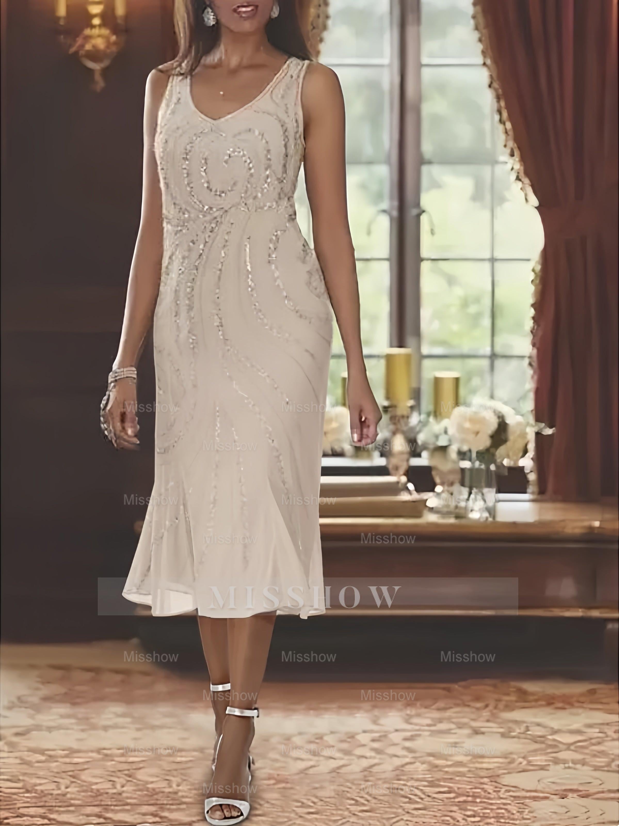 2-Piece V-Neck Chiffon Mother of the Bride Dress Set with Knee-Length Jacket and Sequins