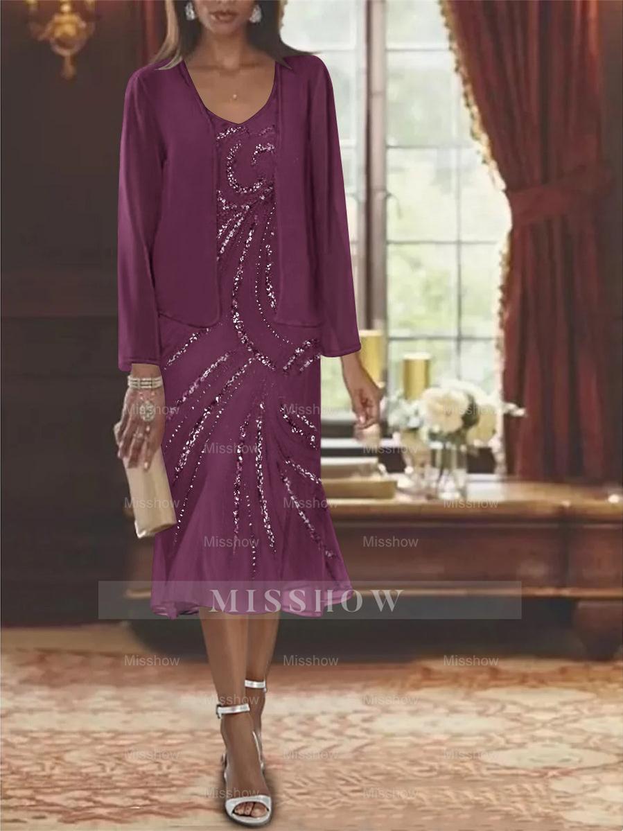 2-Piece V-Neck Chiffon Mother of the Bride Dress Set with Knee-Length Jacket and Sequins