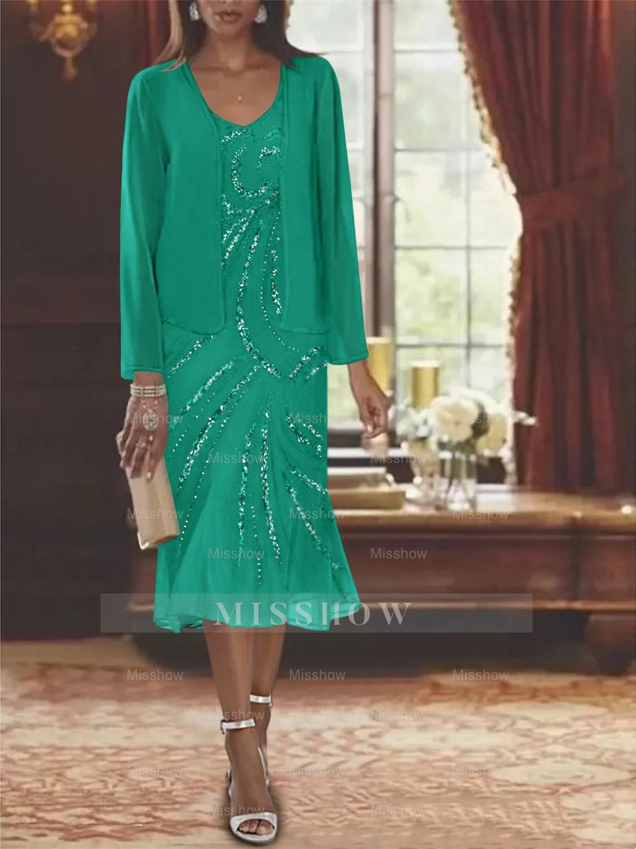 2-Piece V-Neck Chiffon Mother of the Bride Dress Set with Knee-Length Jacket and Sequins
