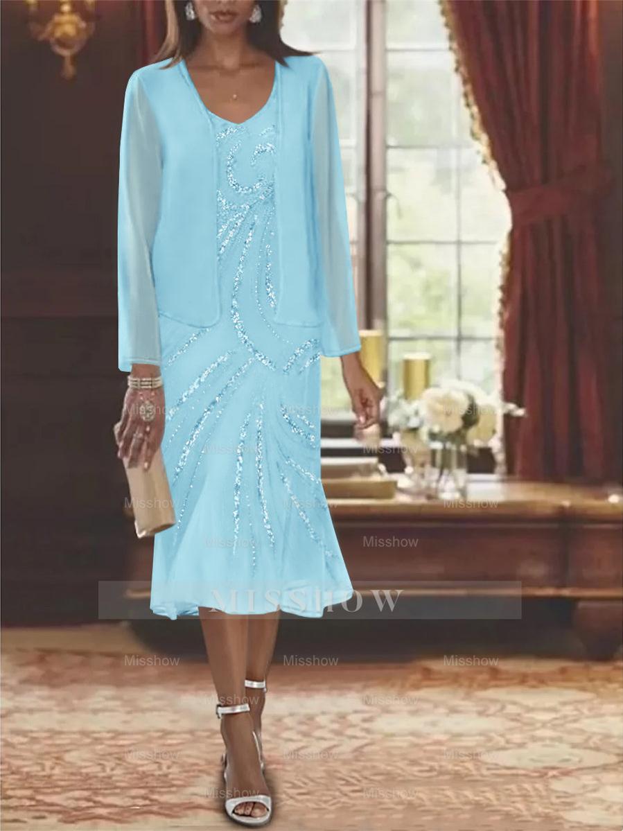 2-Piece V-Neck Chiffon Mother of the Bride Dress Set with Knee-Length Jacket and Sequins