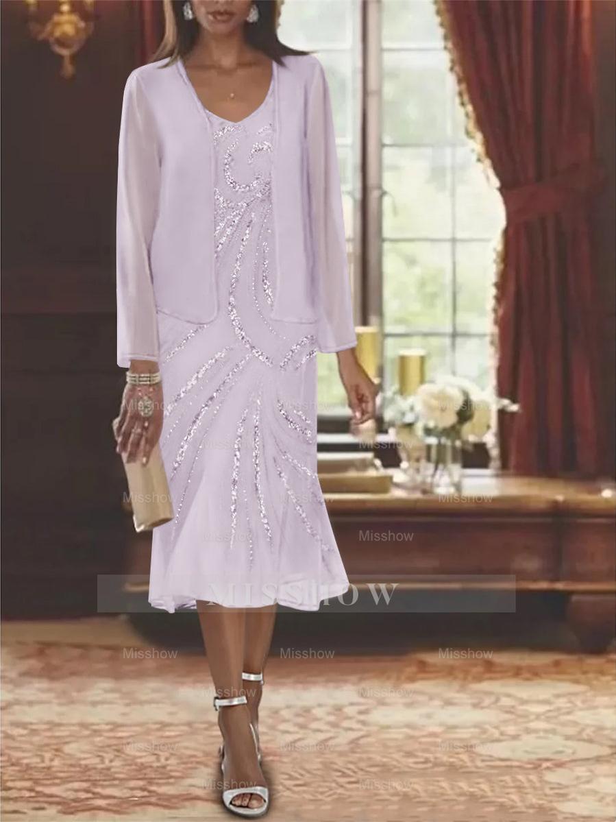 2-Piece V-Neck Chiffon Mother of the Bride Dress Set with Knee-Length Jacket and Sequins