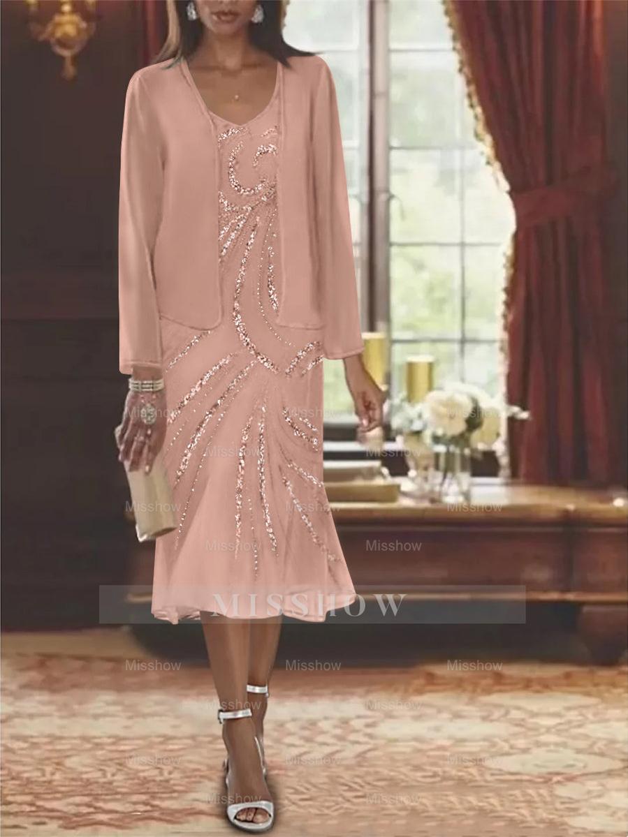 2-Piece V-Neck Chiffon Mother of the Bride Dress Set with Knee-Length Jacket and Sequins