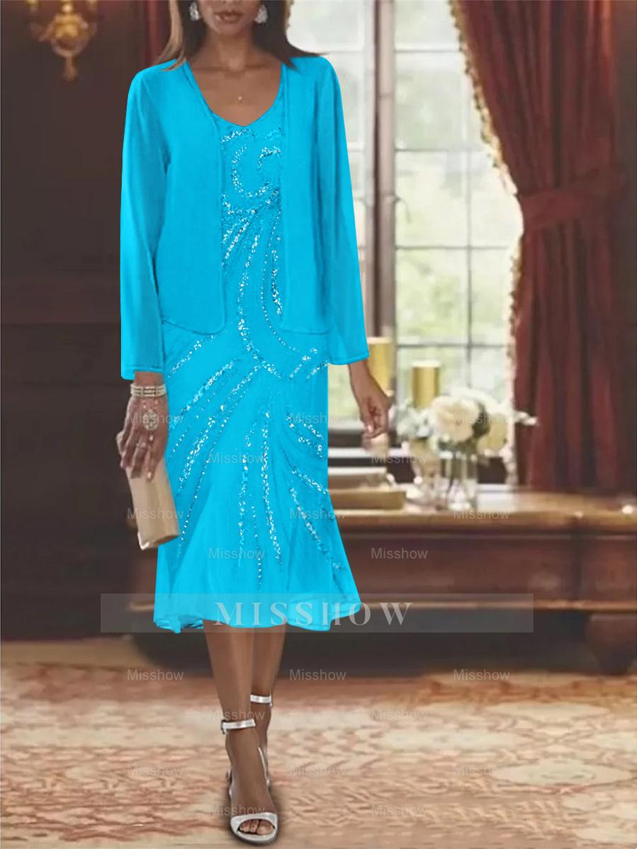 2-Piece V-Neck Chiffon Mother of the Bride Dress Set with Knee-Length Jacket and Sequins