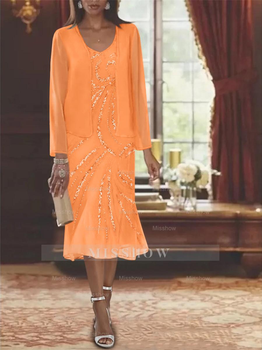 2-Piece V-Neck Chiffon Mother of the Bride Dress Set with Knee-Length Jacket and Sequins