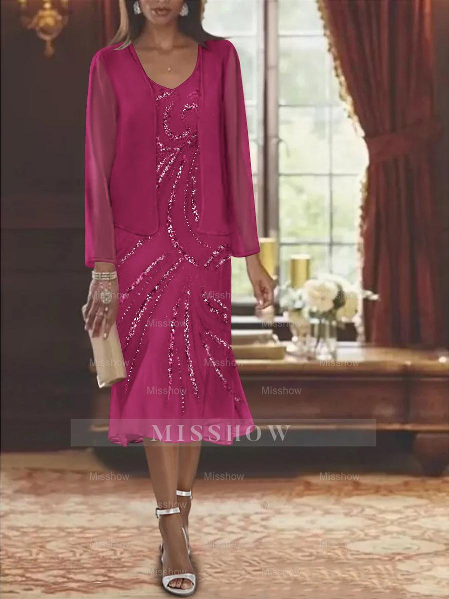 2-Piece V-Neck Chiffon Mother of the Bride Dress Set with Knee-Length Jacket and Sequins