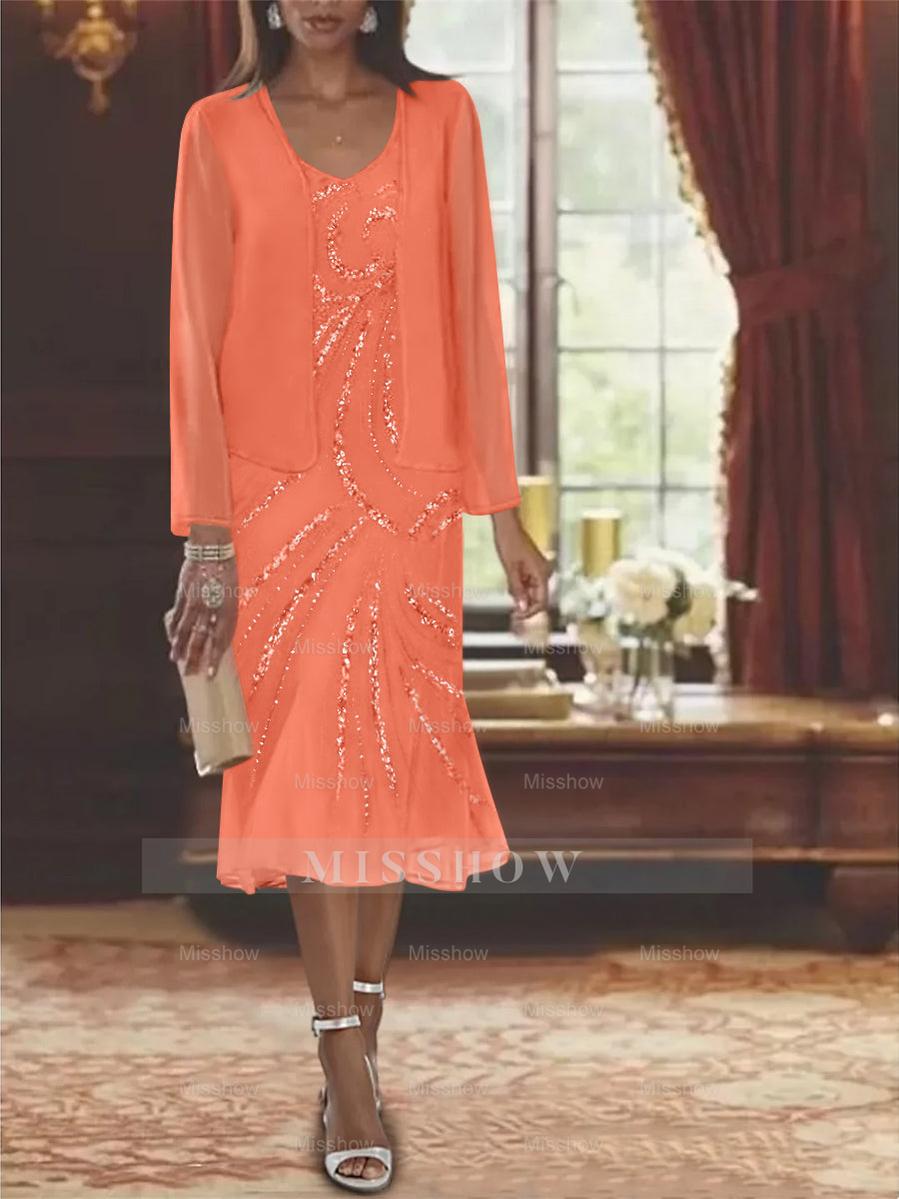 2-Piece V-Neck Chiffon Mother of the Bride Dress Set with Knee-Length Jacket and Sequins