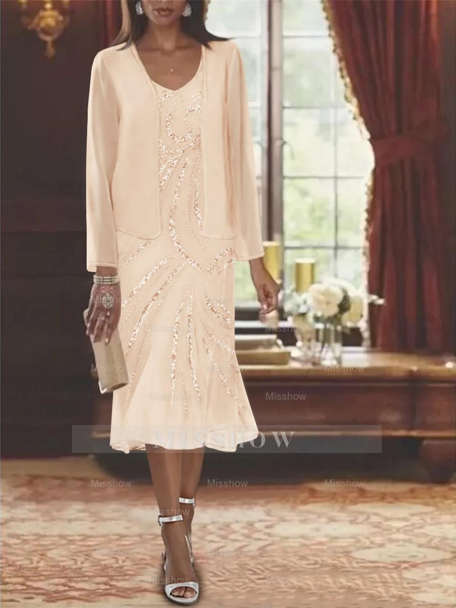 2-Piece V-Neck Chiffon Mother of the Bride Dress Set with Knee-Length Jacket and Sequins