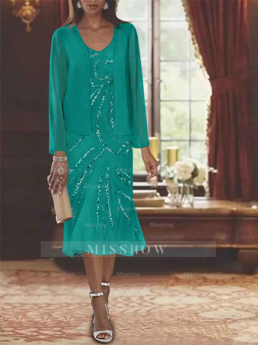 2-Piece V-Neck Chiffon Mother of the Bride Dress Set with Knee-Length Jacket and Sequins