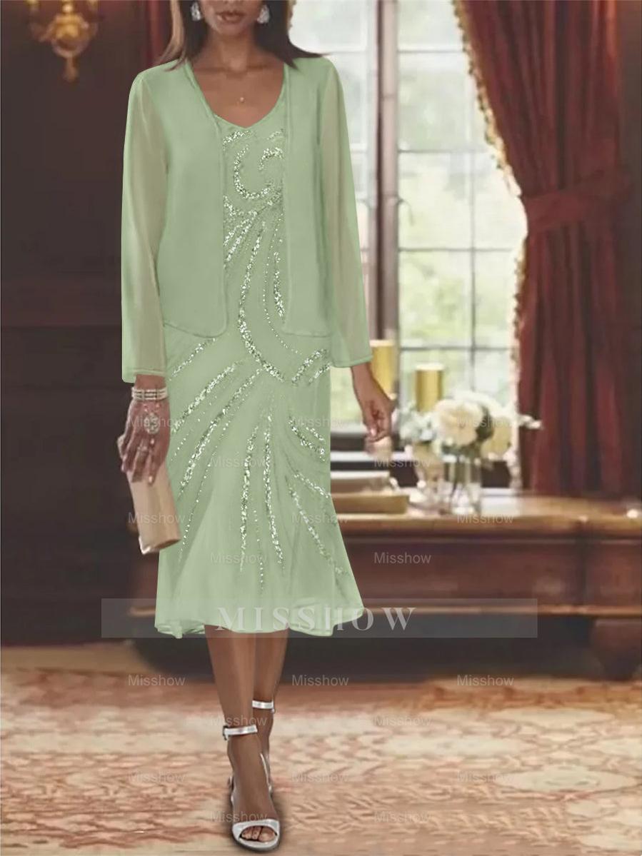 2-Piece V-Neck Chiffon Mother of the Bride Dress Set with Knee-Length Jacket and Sequins