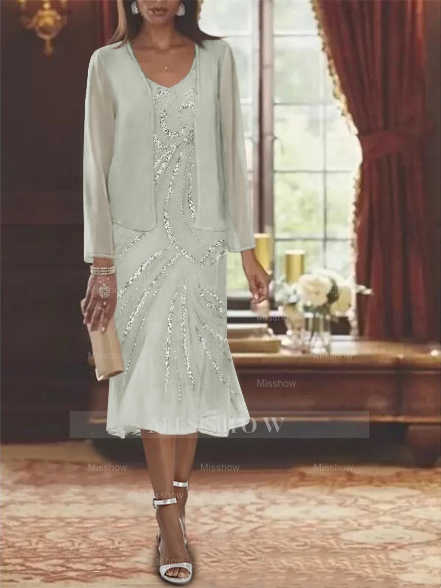 2-Piece V-Neck Chiffon Mother of the Bride Dress Set with Knee-Length Jacket and Sequins