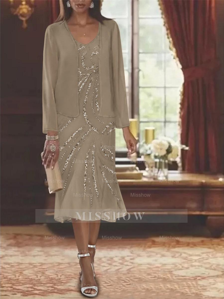 2-Piece V-Neck Chiffon Mother of the Bride Dress Set with Knee-Length Jacket and Sequins