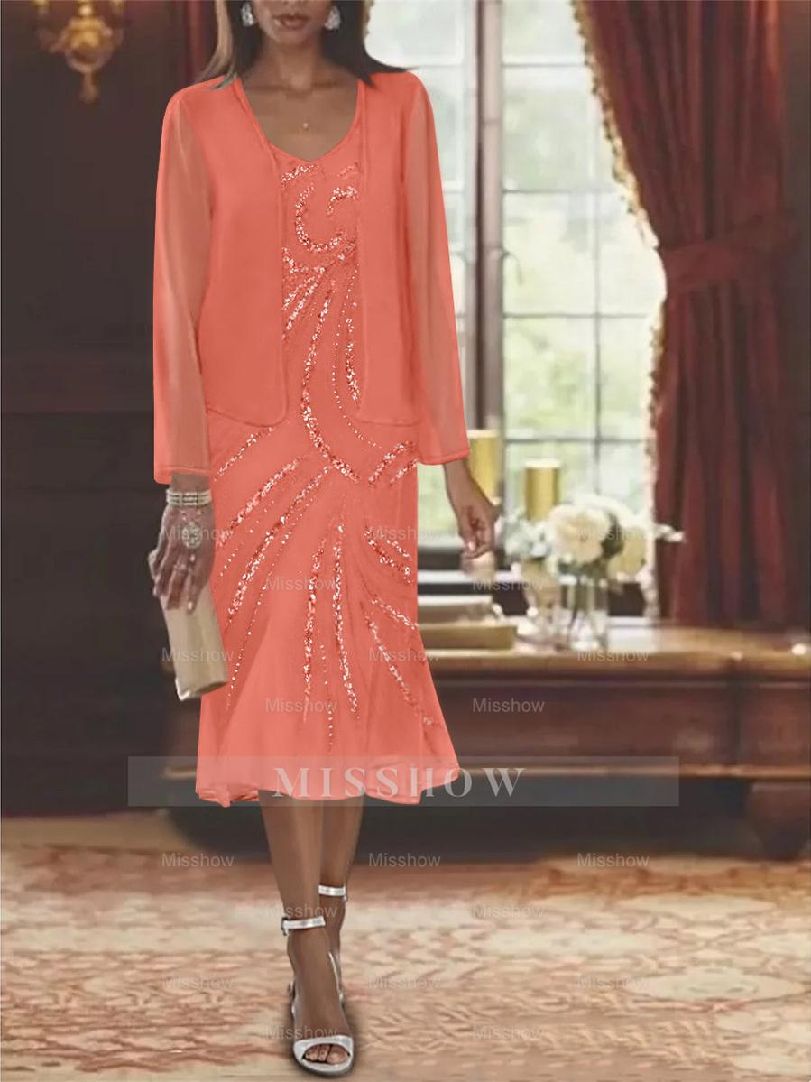 2-Piece V-Neck Chiffon Mother of the Bride Dress Set with Knee-Length Jacket and Sequins