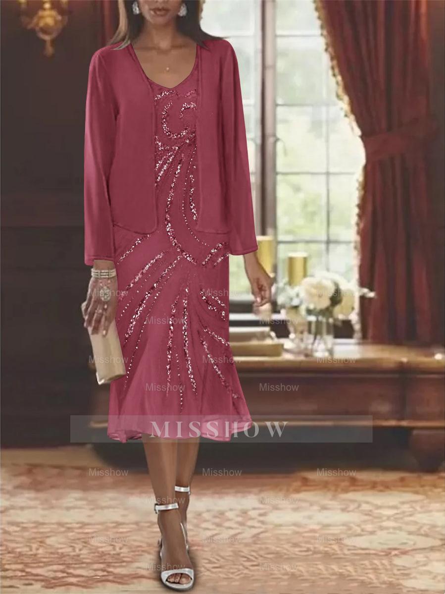 2-Piece V-Neck Chiffon Mother of the Bride Dress Set with Knee-Length Jacket and Sequins