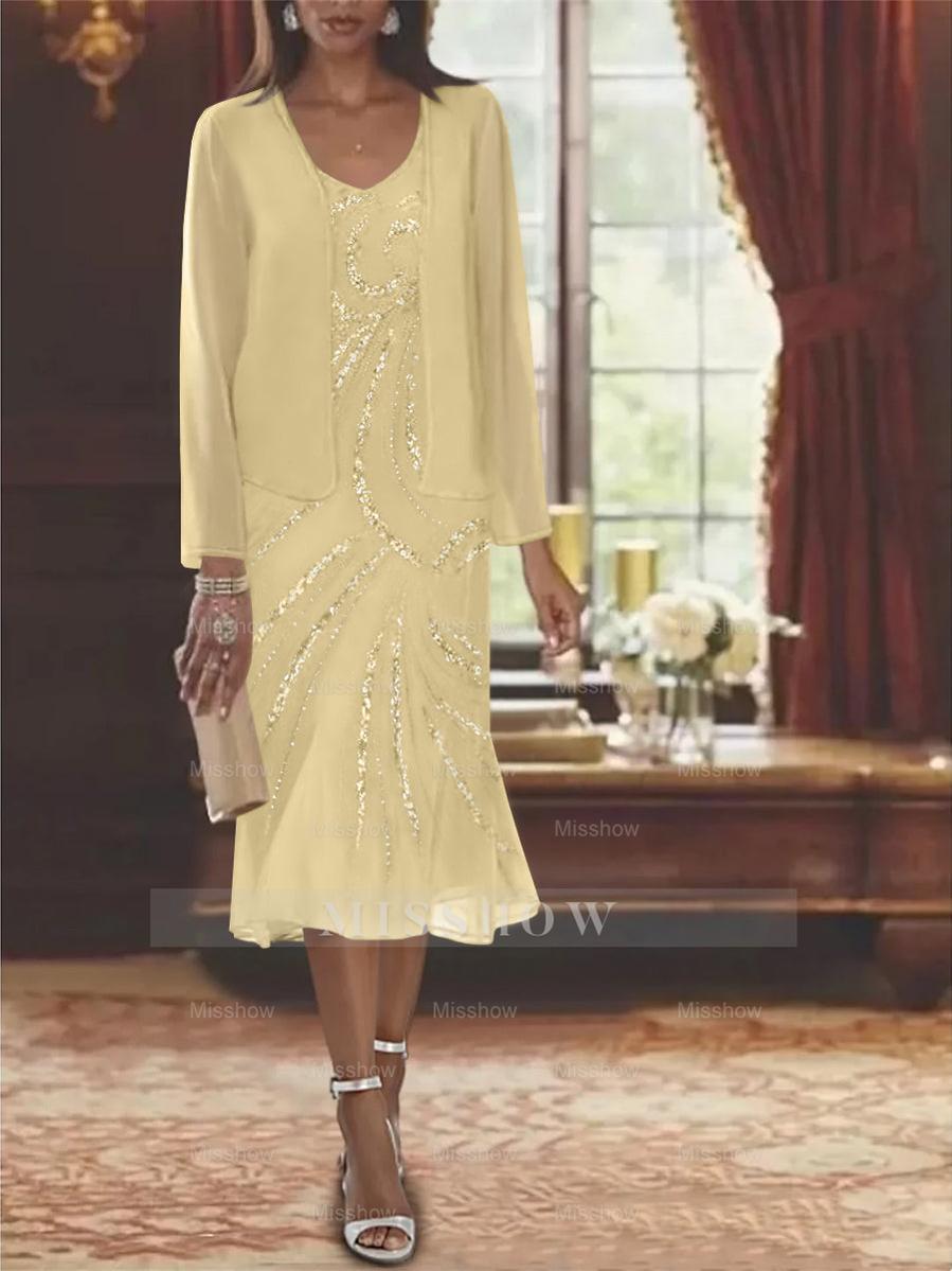 2-Piece V-Neck Chiffon Mother of the Bride Dress Set with Knee-Length Jacket and Sequins