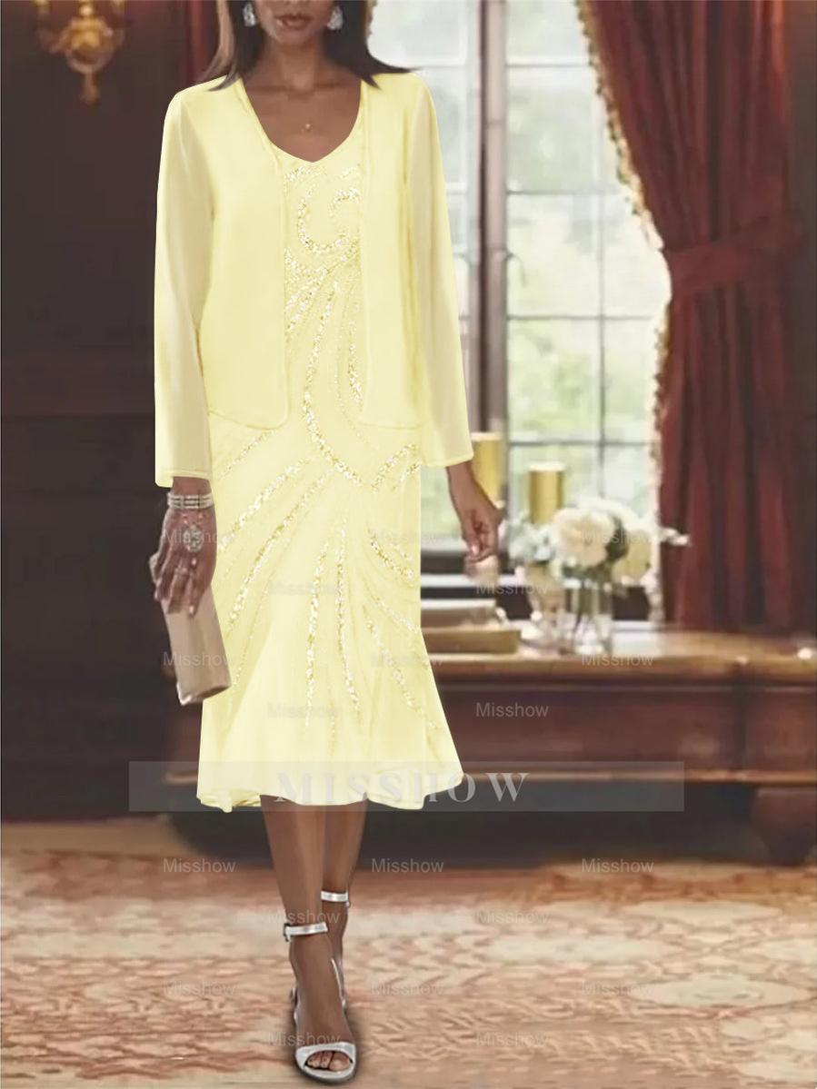 2-Piece V-Neck Chiffon Mother of the Bride Dress Set with Knee-Length Jacket and Sequins