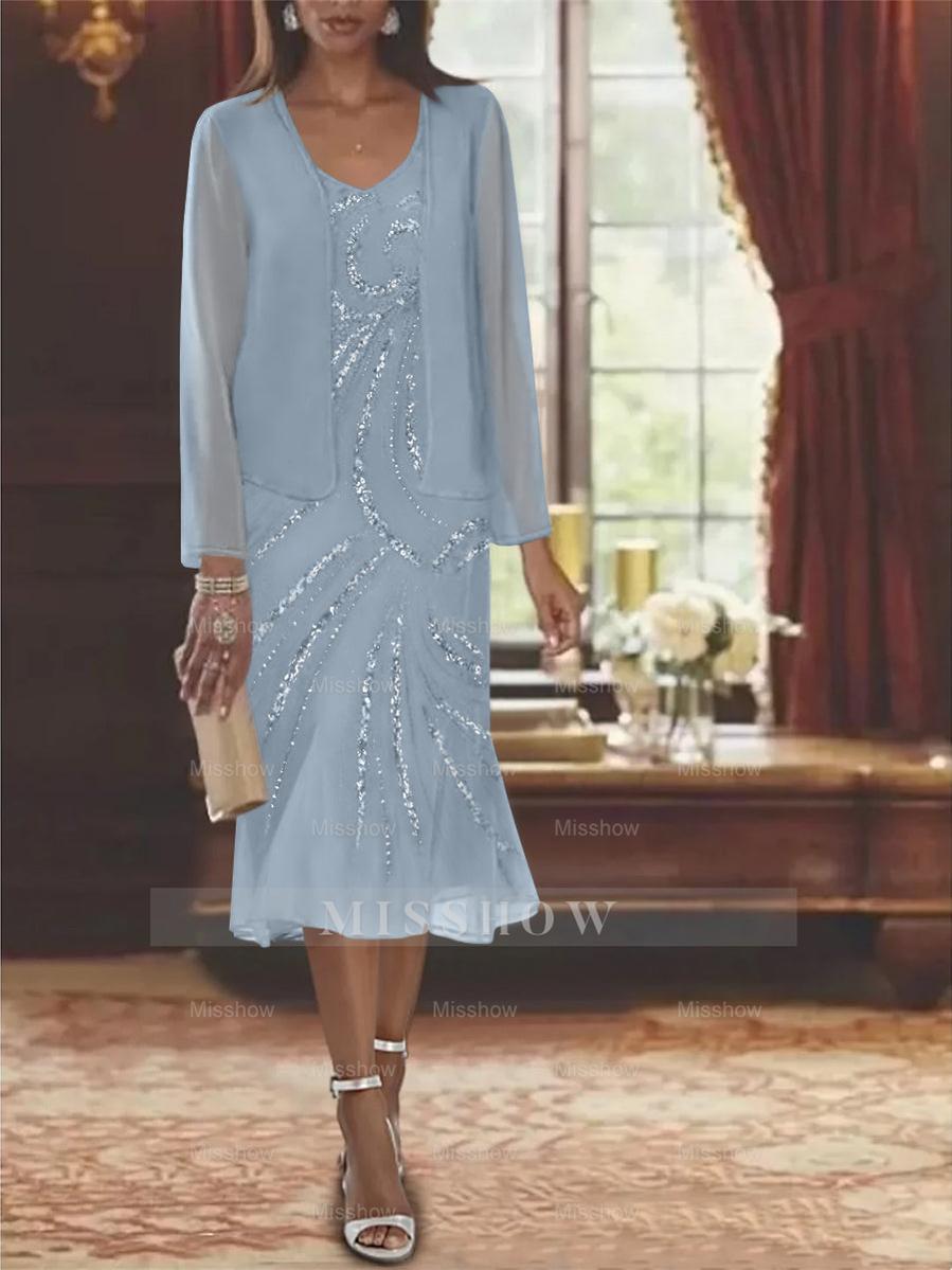 2-Piece V-Neck Chiffon Mother of the Bride Dress Set with Knee-Length Jacket and Sequins