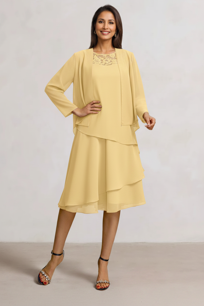 2 Pieces A-Line Scoop Chiffon Mother of the Bride Dresses Sleeveless Knee-Length with Ruffles