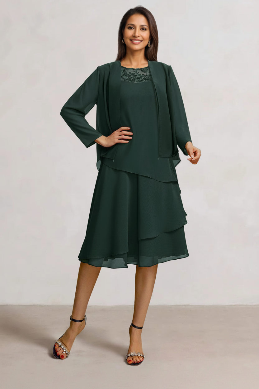 2 Pieces A-Line Scoop Chiffon Mother of the Bride Dresses Sleeveless Knee-Length with Ruffles