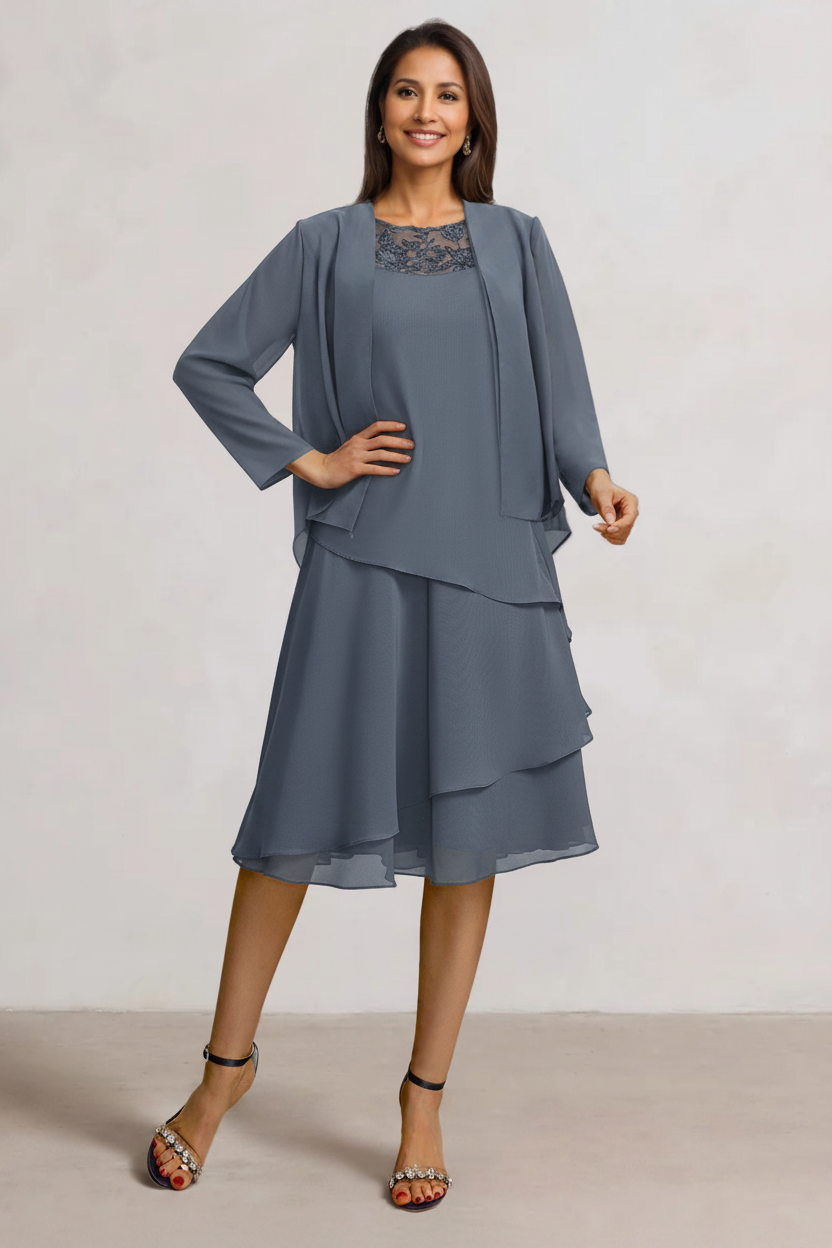 2 Pieces A-Line Scoop Chiffon Mother of the Bride Dresses Sleeveless Knee-Length with Ruffles