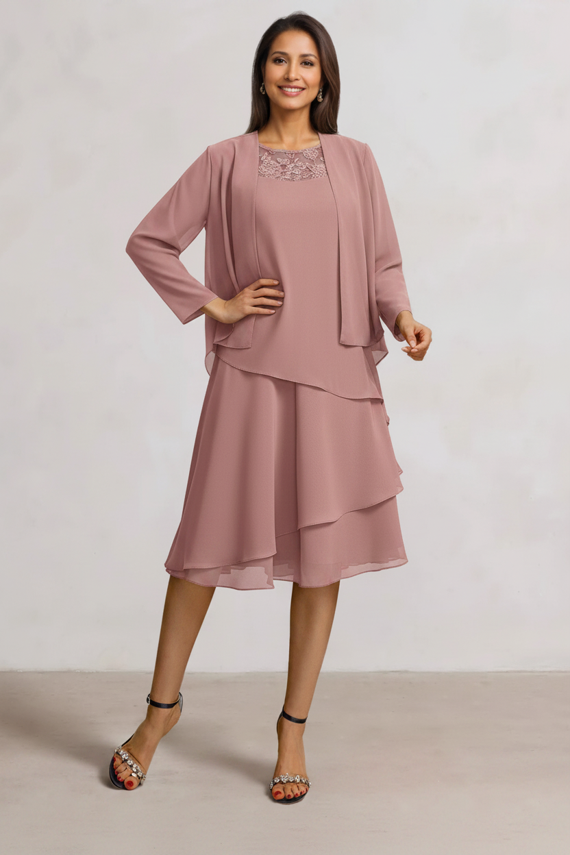 2 Pieces A-Line Scoop Chiffon Mother of the Bride Dresses Sleeveless Knee-Length with Ruffles