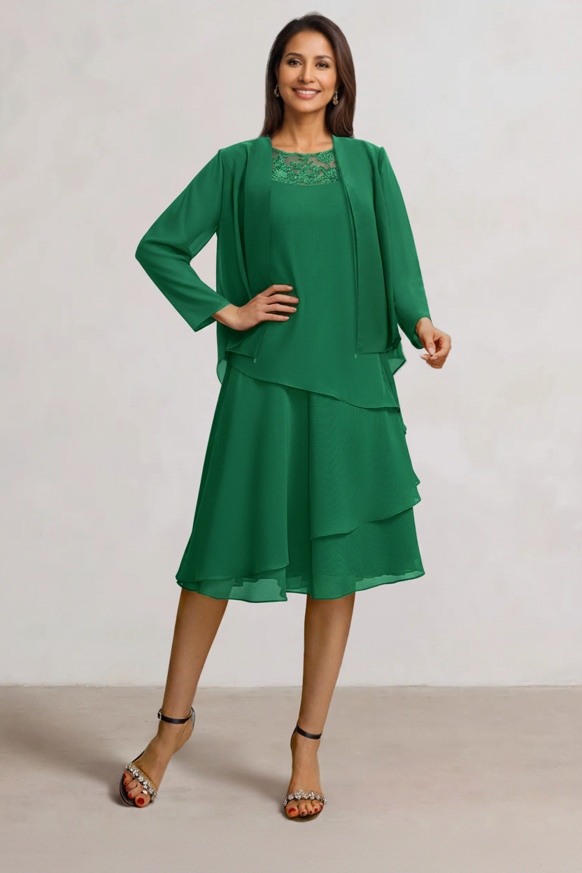2 Pieces A-Line Scoop Chiffon Mother of the Bride Dresses Sleeveless Knee-Length with Ruffles