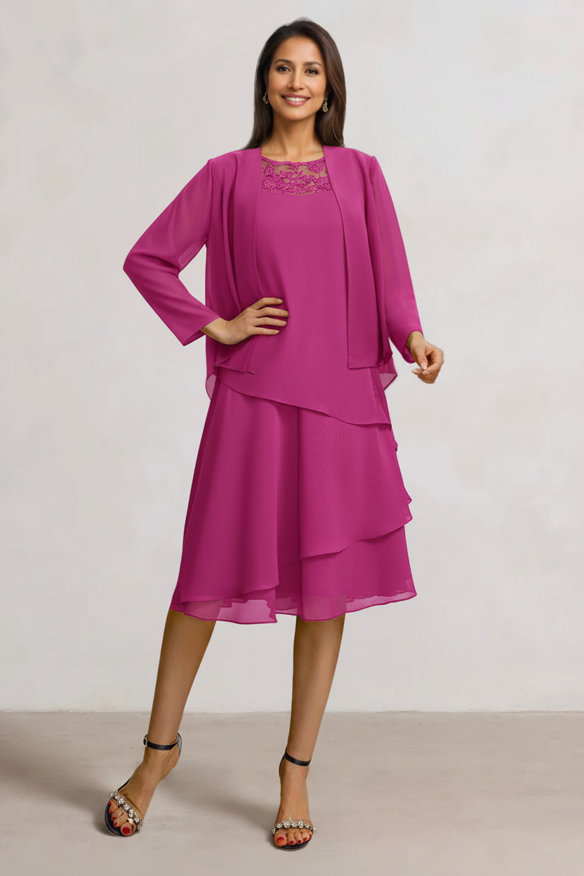 2 Pieces A-Line Scoop Chiffon Mother of the Bride Dresses Sleeveless Knee-Length with Ruffles