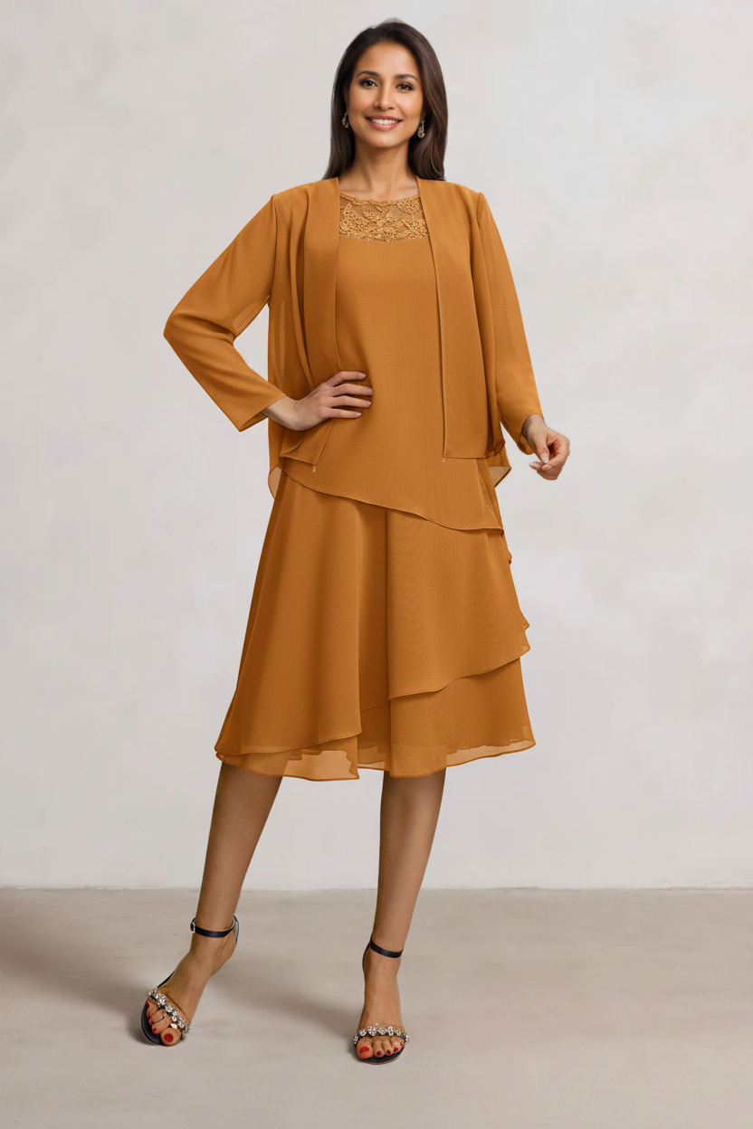 2 Pieces A-Line Scoop Chiffon Mother of the Bride Dresses Sleeveless Knee-Length with Ruffles
