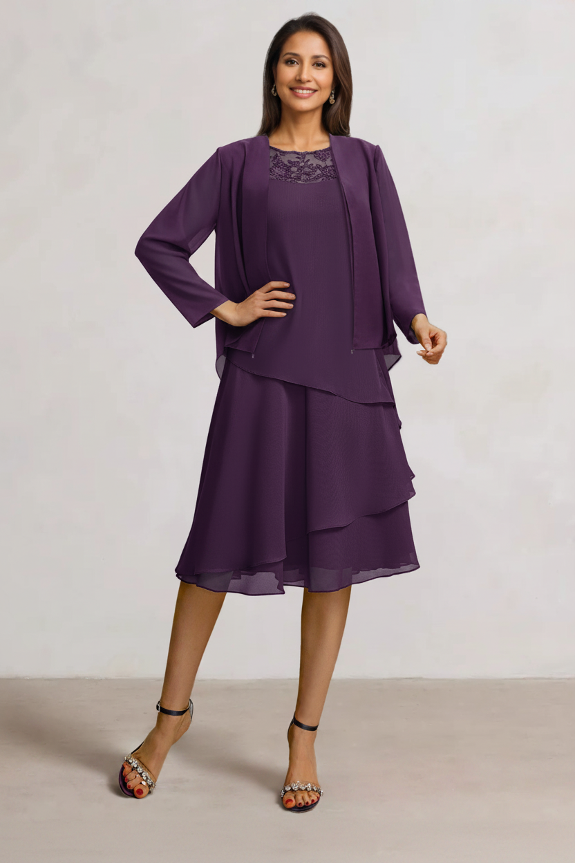 2 Pieces A-Line Scoop Chiffon Mother of the Bride Dresses Sleeveless Knee-Length with Ruffles
