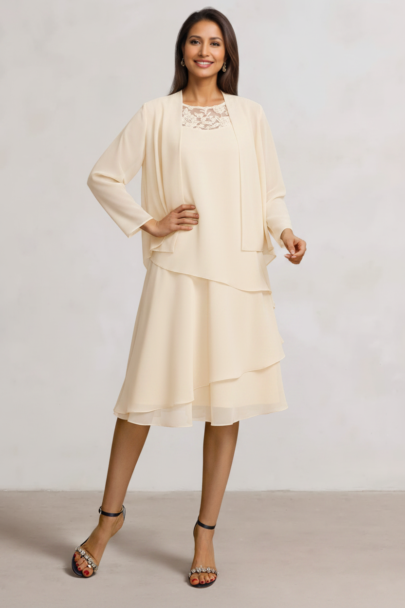 2 Pieces A-Line Scoop Chiffon Mother of the Bride Dresses Sleeveless Knee-Length with Ruffles