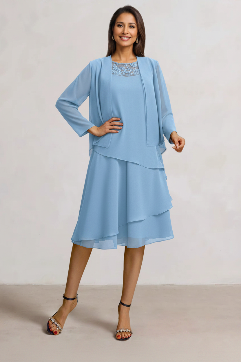 2 Pieces A-Line Scoop Chiffon Mother of the Bride Dresses Sleeveless Knee-Length with Ruffles