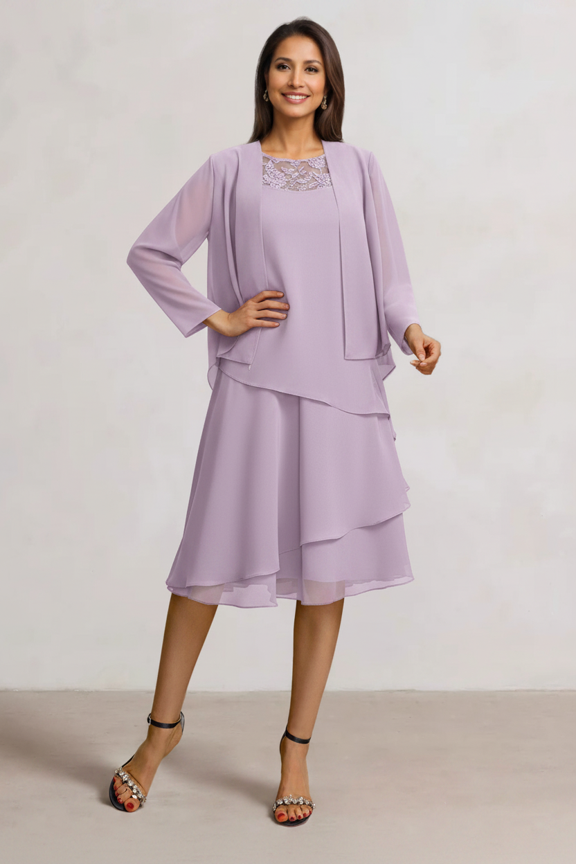 2 Pieces A-Line Scoop Chiffon Mother of the Bride Dresses Sleeveless Knee-Length with Ruffles