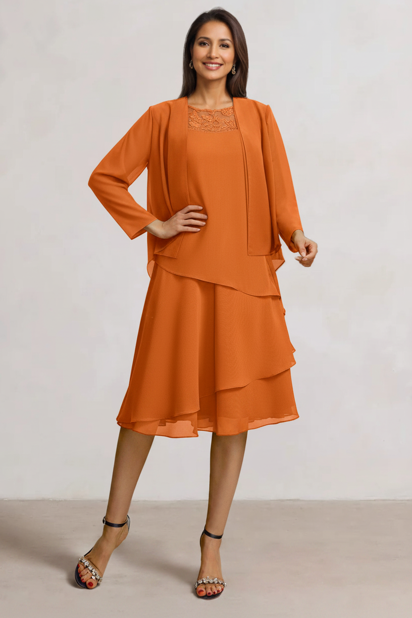 2 Pieces A-Line Scoop Chiffon Mother of the Bride Dresses Sleeveless Knee-Length with Ruffles