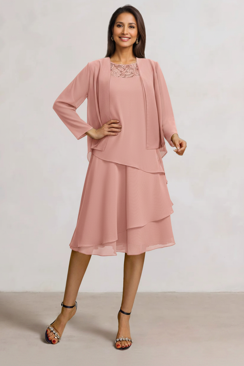 2 Pieces A-Line Scoop Chiffon Mother of the Bride Dresses Sleeveless Knee-Length with Ruffles
