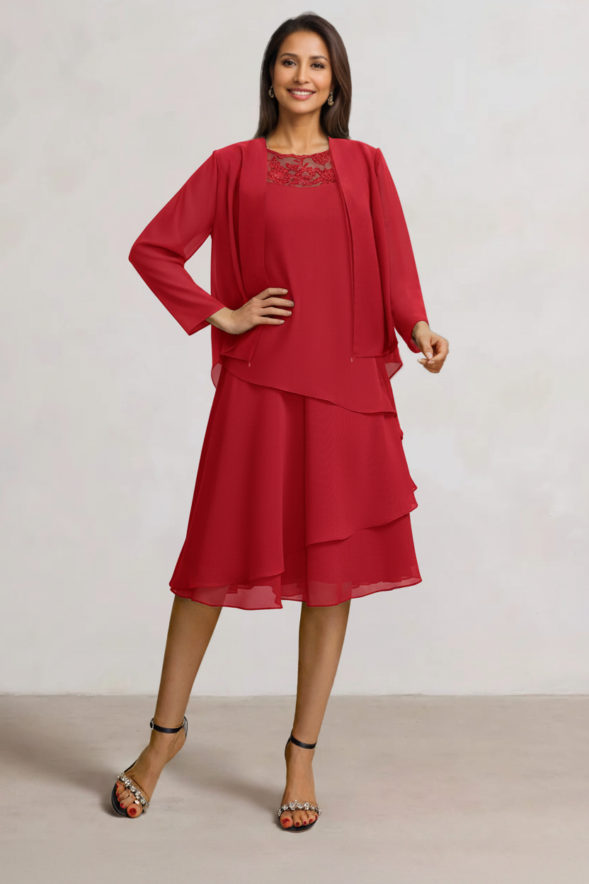 2 Pieces A-Line Scoop Chiffon Mother of the Bride Dresses Sleeveless Knee-Length with Ruffles