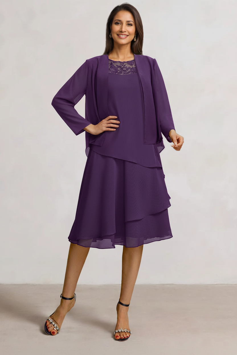 2 Pieces A-Line Scoop Chiffon Mother of the Bride Dresses Sleeveless Knee-Length with Ruffles