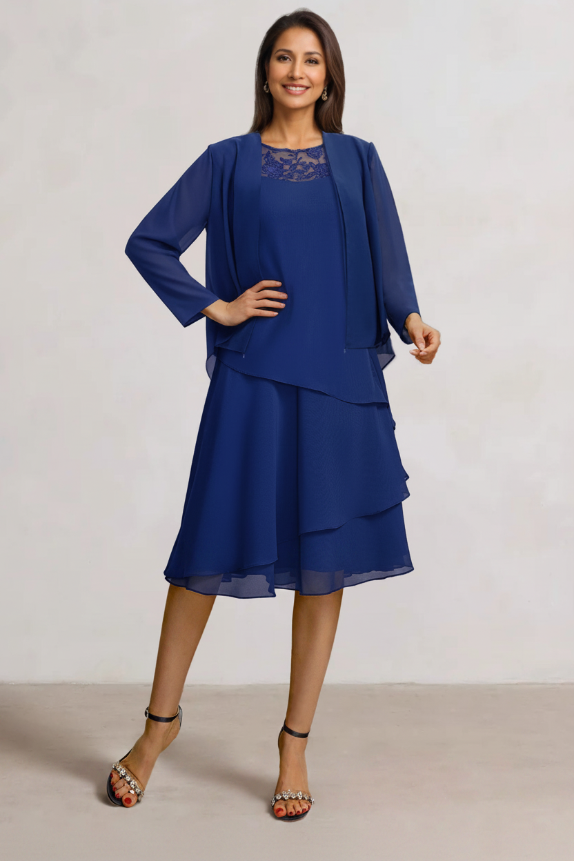 2 Pieces A-Line Scoop Chiffon Mother of the Bride Dresses Sleeveless Knee-Length with Ruffles