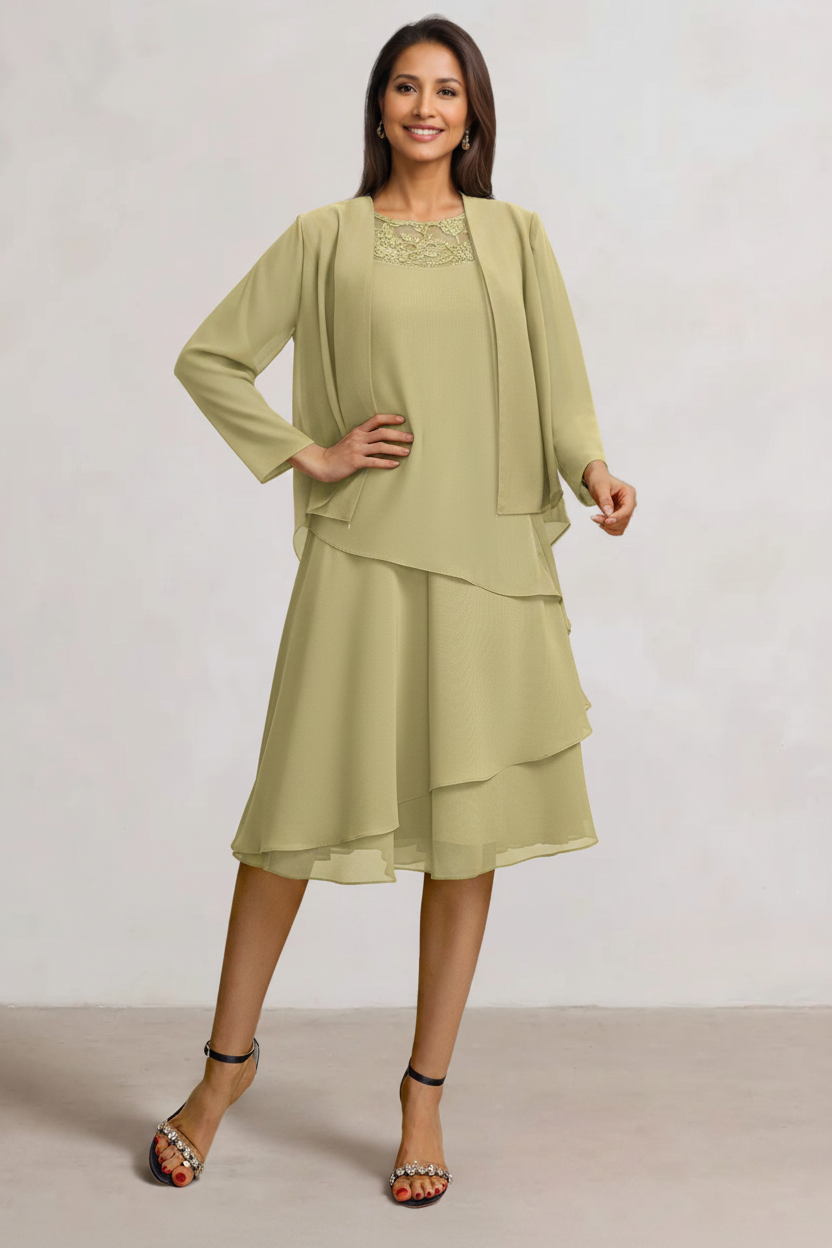 2 Pieces A-Line Scoop Chiffon Mother of the Bride Dresses Sleeveless Knee-Length with Ruffles