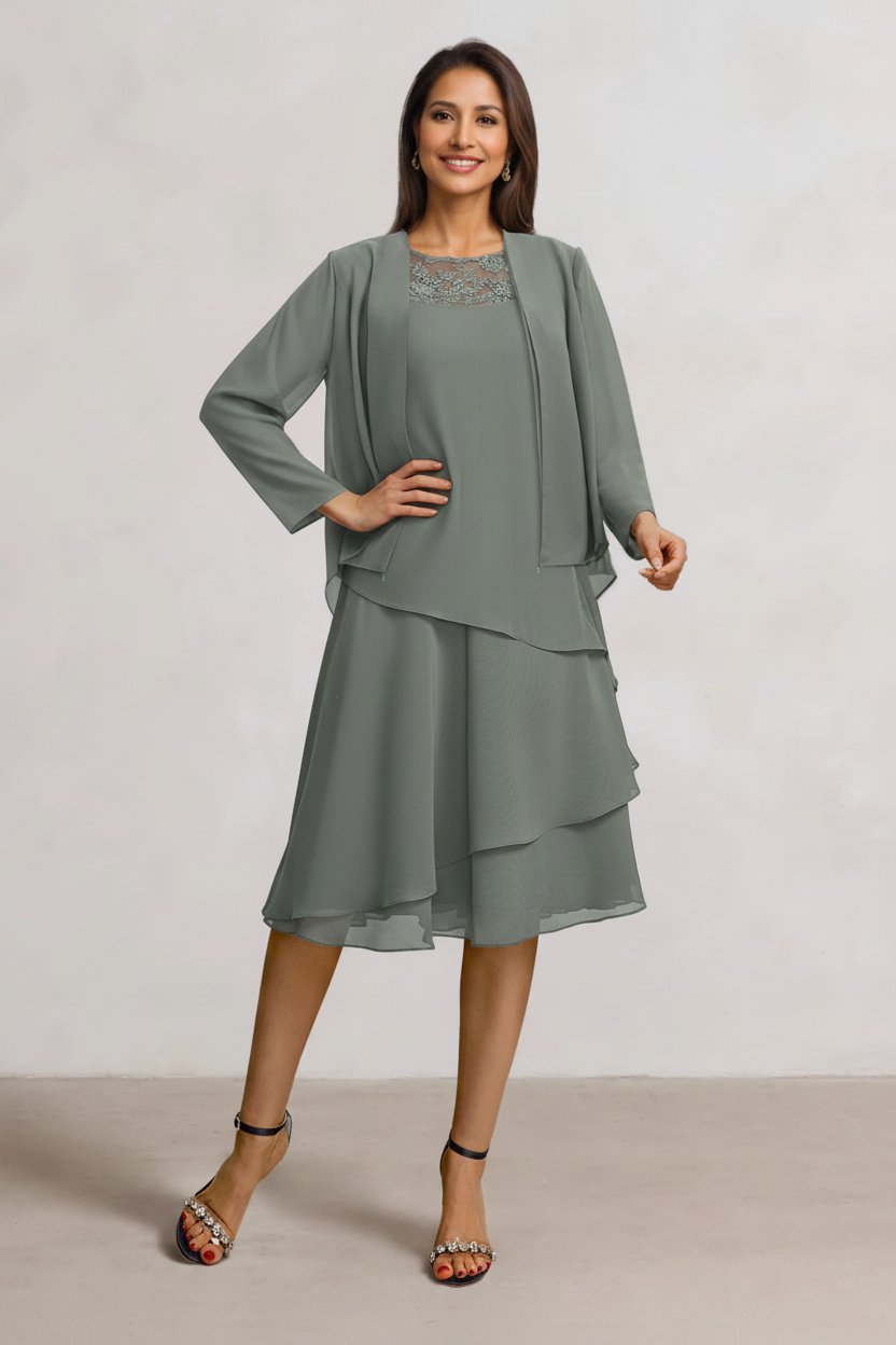 2 Pieces A-Line Scoop Chiffon Mother of the Bride Dresses Sleeveless Knee-Length with Ruffles