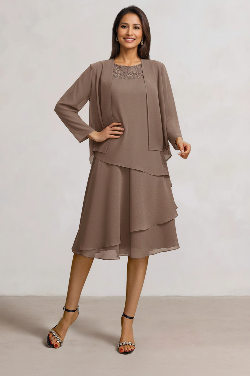 2 Pieces A-Line Scoop Chiffon Mother of the Bride Dresses Sleeveless Knee-Length with Ruffles