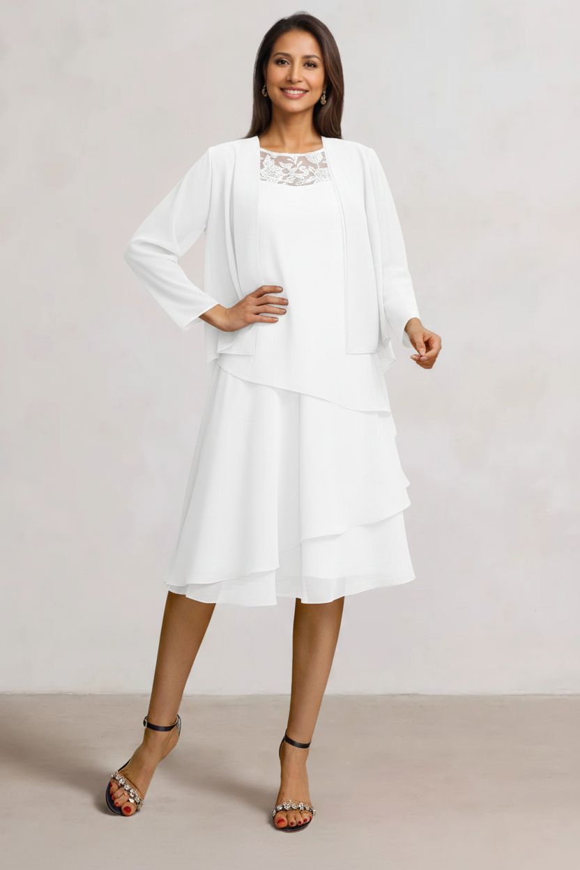 2 Pieces A-Line Scoop Chiffon Mother of the Bride Dresses Sleeveless Knee-Length with Ruffles