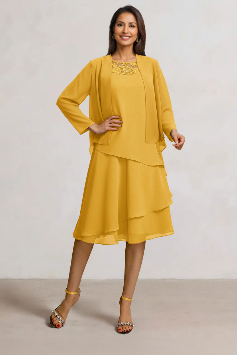 2 Pieces A-Line Scoop Chiffon Mother of the Bride Dresses Sleeveless Knee-Length with Ruffles